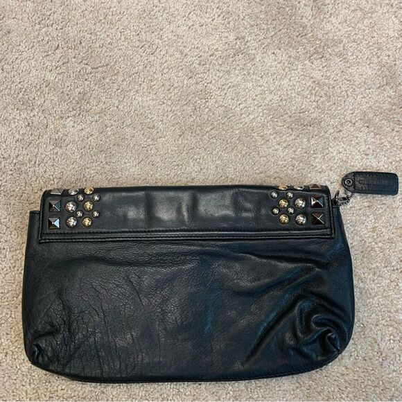 Danier Black leather silver gold tone studded embellished evening clutch purse - Picture 2 of 8